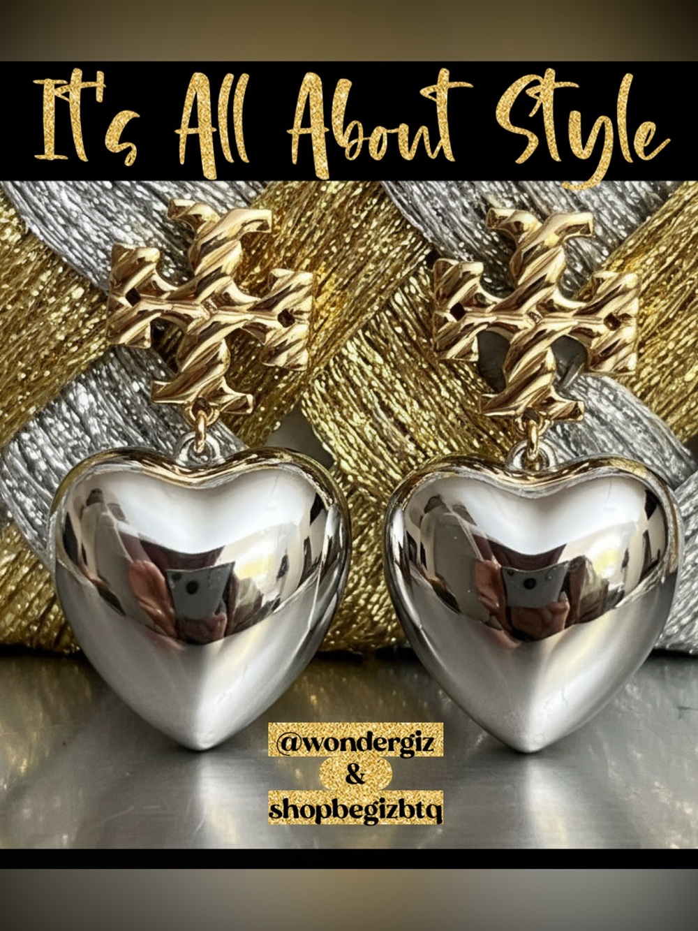 NWT Authentic Tory Burch Textured Heart Drop Earrings in Gold and Silver
